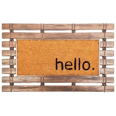 Rubber and natural fiber mat with printed hello text reference: 18937