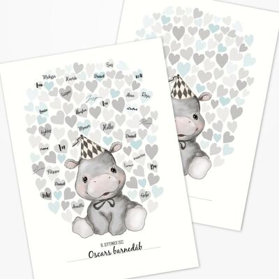 Guestbook with lightblue hearts and hippopotamus