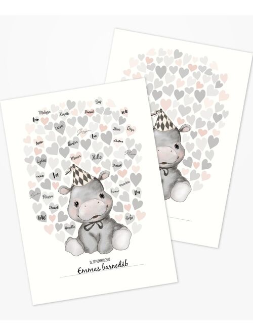 Guestbook with pink hearts and hippopotamus