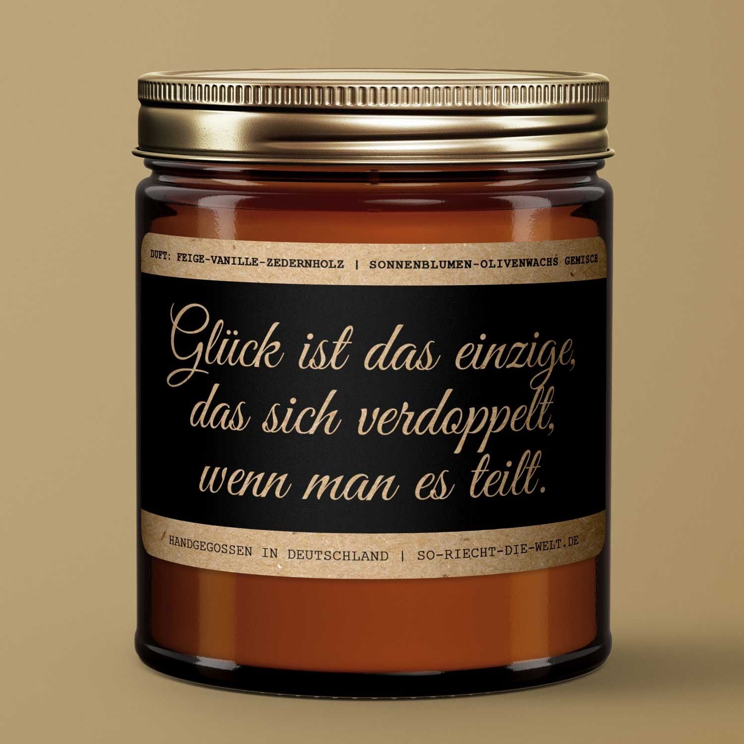 Candela con messaggio motivazionale "La felicità è l'unica cosa che raddoppia se condivisa."Profumo: Fico-Vaniglia-Legno di Cedro