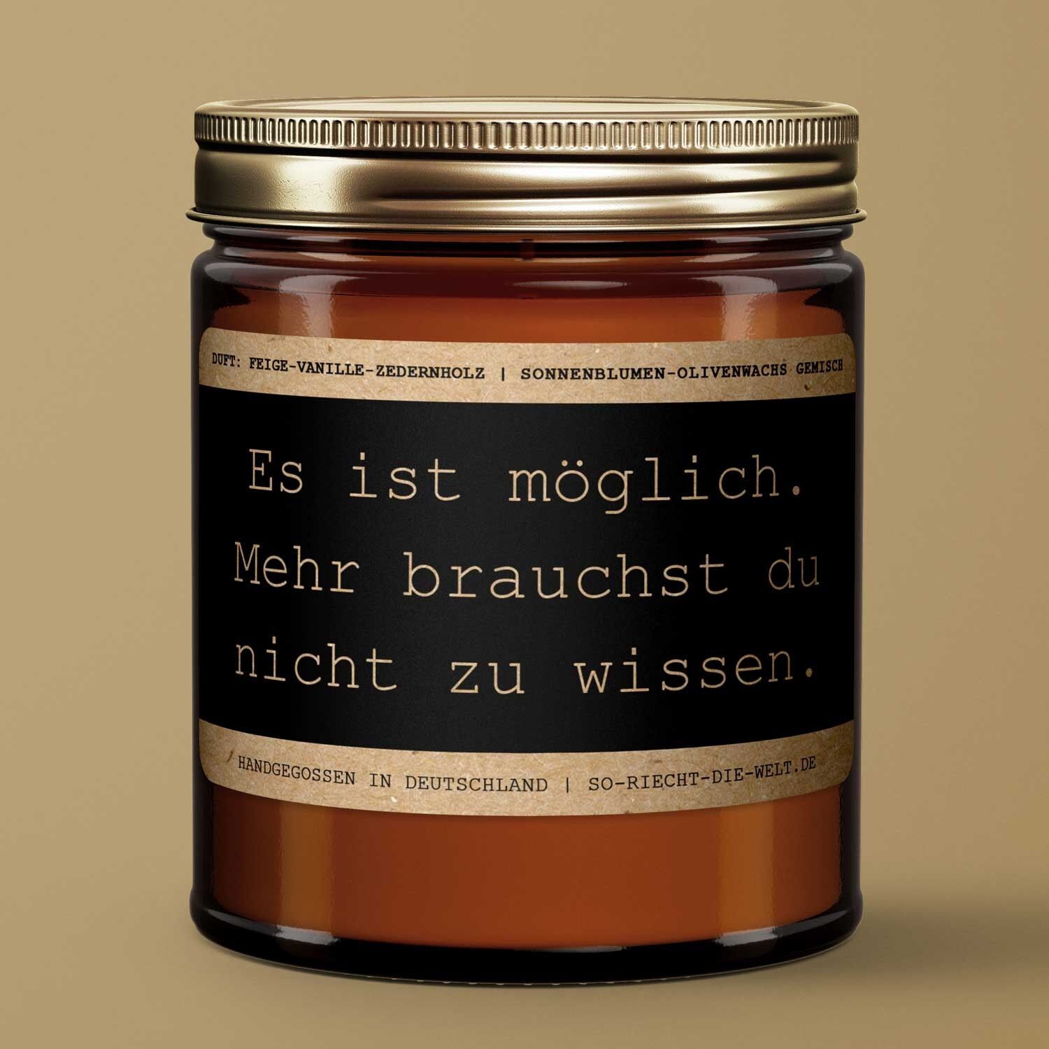 Motivations-Botschaft Kerze "Es ist möglich. Mehr brauchst du nicht zu wissen." Duft: Feige-Vanille-Zedernholz