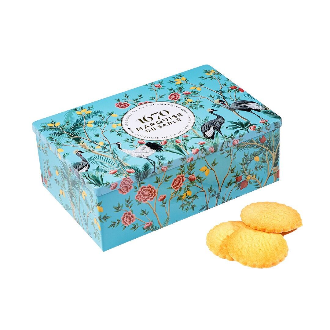 Shortbread cookies assortment of plain shortbread, all chocolate and lemon chips - metal box "Invitation to travel" 300g