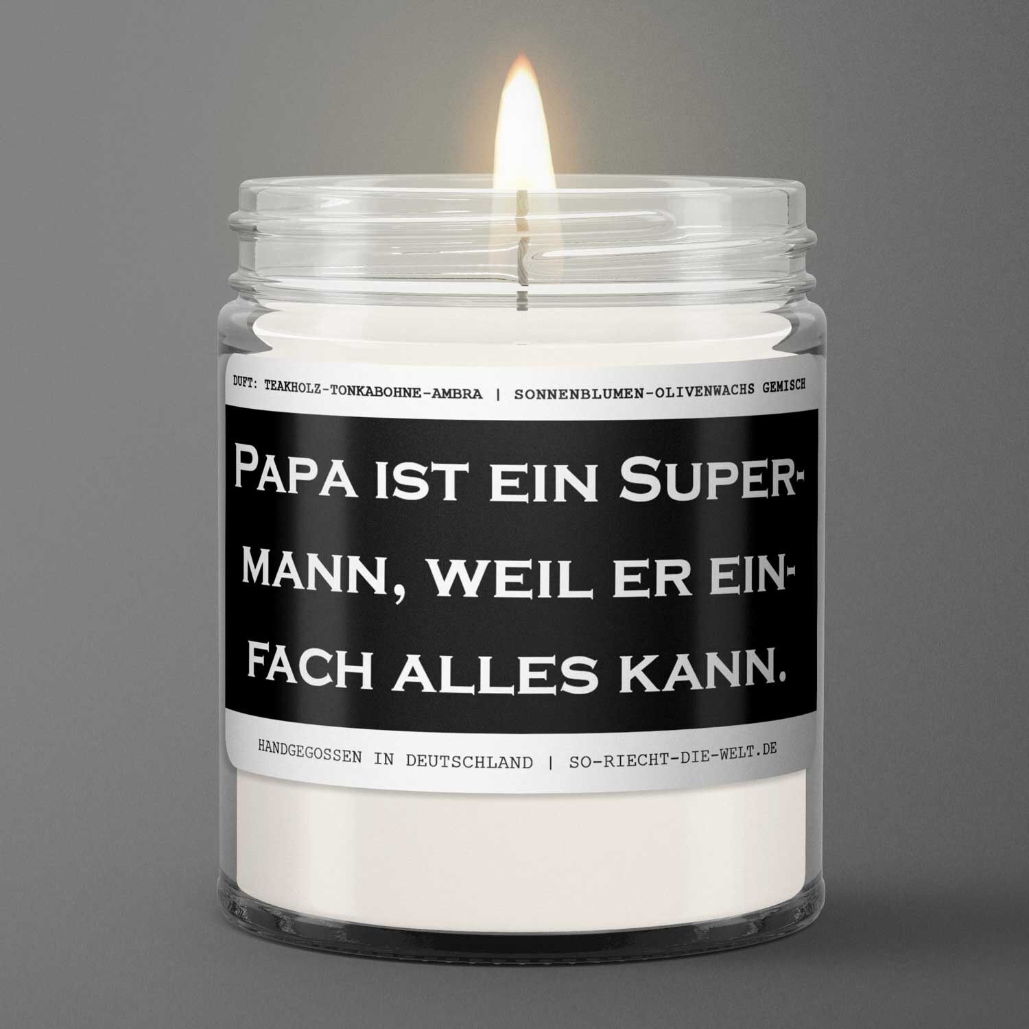 Papa Duftkerze  "Papa ist ein Supermann, weil er einfach alles kann." Duft: Teakholz-Tonkabohne-Ambra