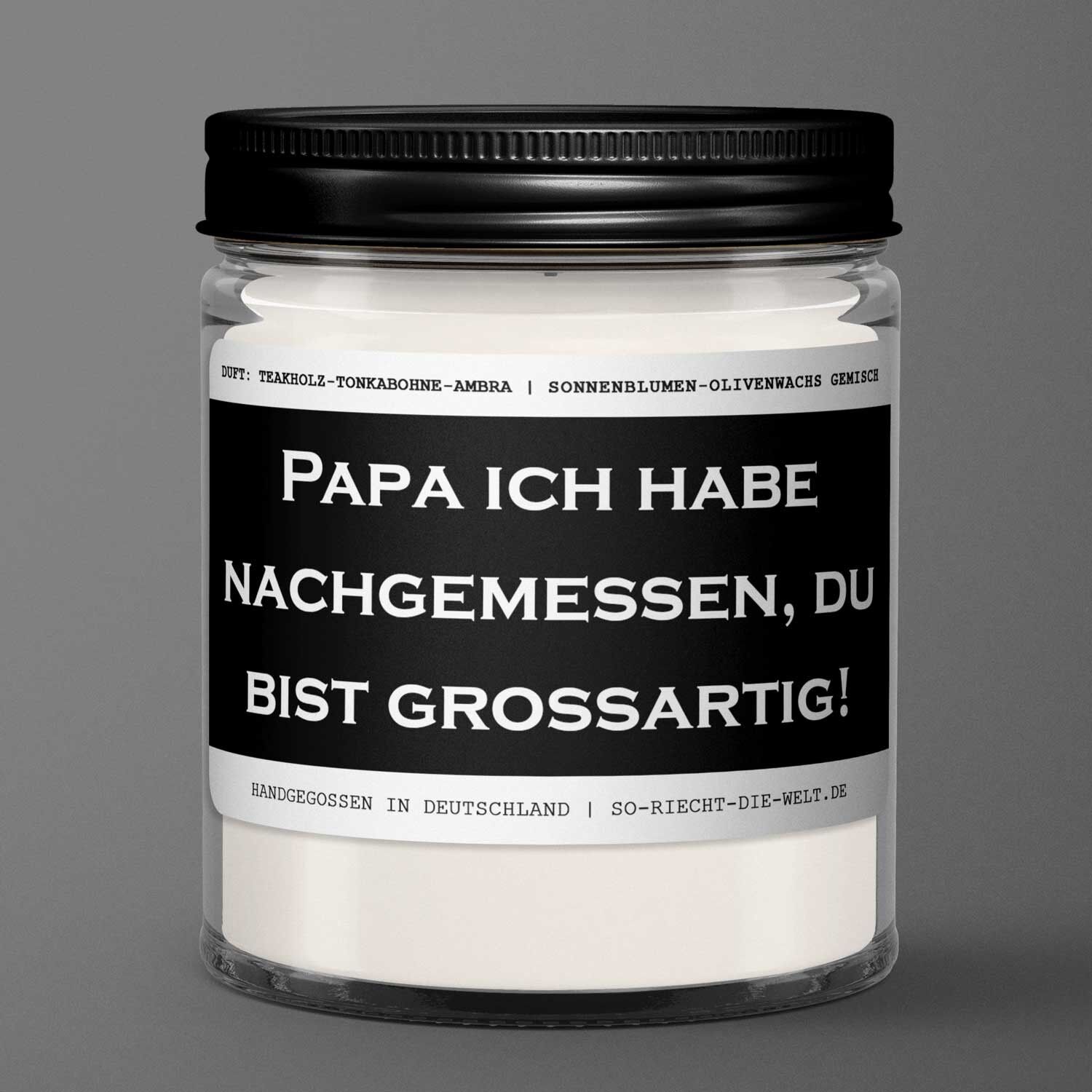 Candela papà "Papà, ho misurato, sei fantastico!" Profumo: legno di teak-fava tonka-ambra grigia