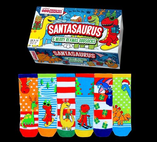 SANTASAURUS | 6 Odd Socks Kids Gift Box - United Oddsocks| UK 9-12, EUR 27-30