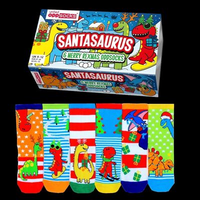 SANTASAURUS | 6 Odd Socken Kinder-Geschenkbox – United Oddsocks| UK 9–12, EUR 27–30