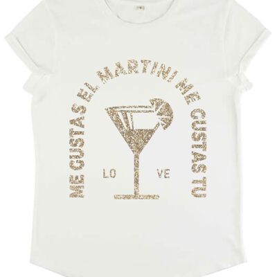 Elfenbeinfarbenes T-Shirt "Martini" mit Pailletten und hochgekrempelten Ärmeln Größe M