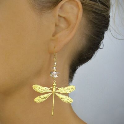 Gold dragonfly earrings with golden shadow crystals