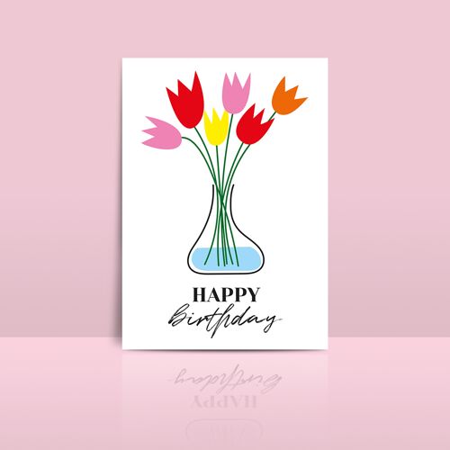 Carte d'anniversaire avec vase de tulipes