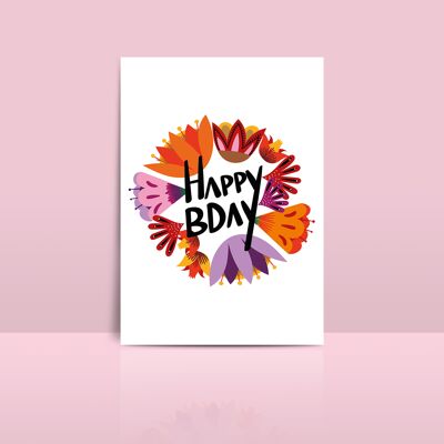 Carte d'anniversaire fleurs inscription Happy bday