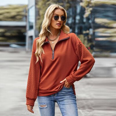 Paneled Zipper Casual Solid Color Sweatshirt Top