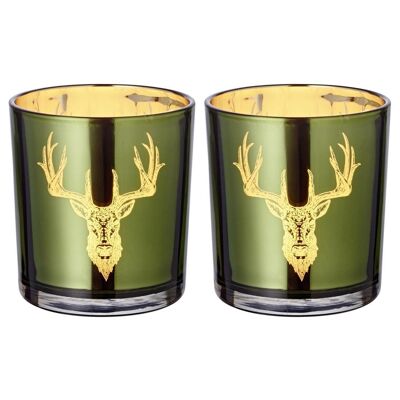 Juego de 2 vasos de té Ted (altura 8 cm, ø 7 cm), exterior verde / interior dorado, linterna con diseño de ciervo