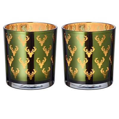 Set di 2 bicchieri tea light Dirk (altezza 8 cm, ø 7 cm), esterno verde / interno oro, lanterna con motivo cervo