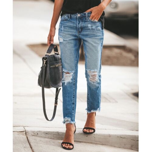 Simple Torn Tassel Casual Jeans