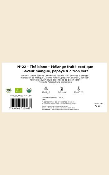N°22 - Thé blanc BIO– Mélange fruité exotique – Saveur mangue, papaye & citron vert - 75gr 4