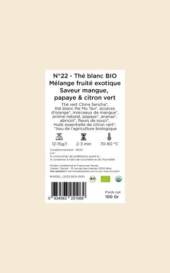 N°22 - Thé blanc BIO– Mélange fruité exotique – Saveur mangue, papaye & citron vert - 100gr 4