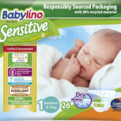 Babylino Sensitive Pañales Recién Nacido Talla 1, Recién Nacido (2-5Kg), 26 Unidades