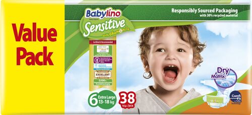 Babylino Sensitive Pannolini Taglia 6, Extra Large (13-18Kg), 38 Unità, Confezione Risparmio