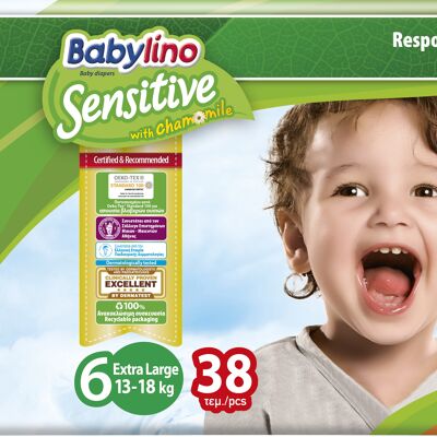 Babylino Sensitive Diapers Size 6, Extra Large (13-18Kg), 38 Units, Economy Pack