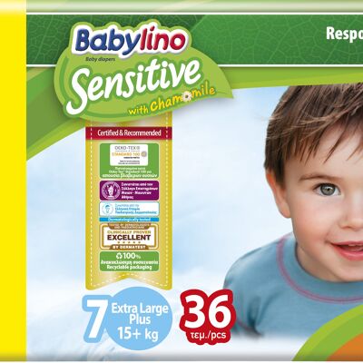 Babylino Sensitive Diapers Size 7, Extra Large Plus (15 + kg), 36 Units, Economy Pack