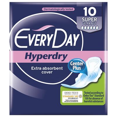 EveryDay HyperDry Absorbents Super, ultra long absorbent with wings for abundant flows.