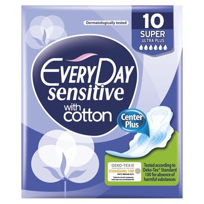 EveryDay Sensitive Absorbents Super, ultra long absorbent with wings for abundant flows.