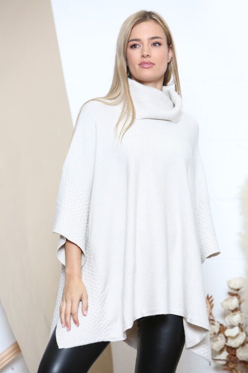 Beige Woven texture turtle neck poncho