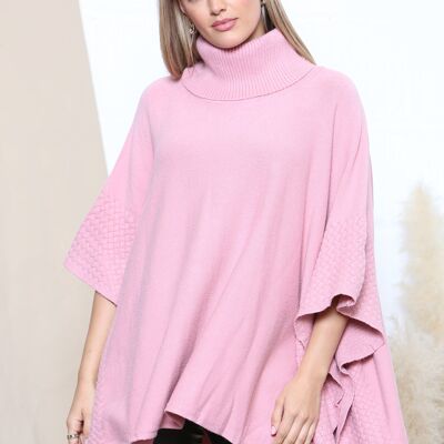Pink Woven texture turtle neck poncho