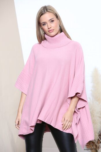 Poncho à col roulé texturé rose 1