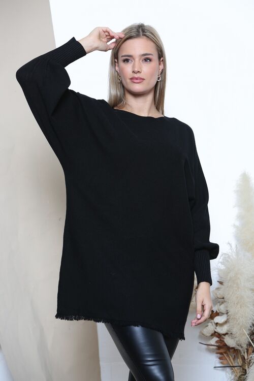 Black Frayed edge jumper with balloon sleeves