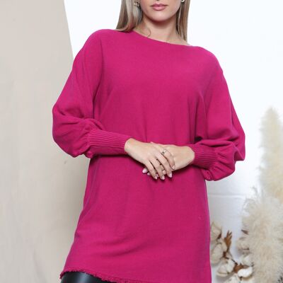 Maglia fucsia con bordo sfrangiato e maniche a palloncino