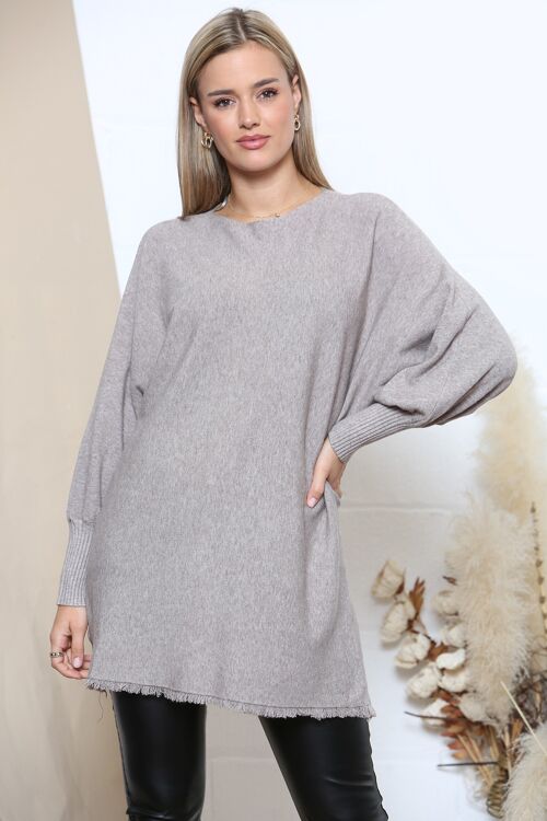 Taupe Frayed edge jumper with balloon sleeves