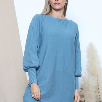 Teal Frayed edge jumper with balloon sleeves