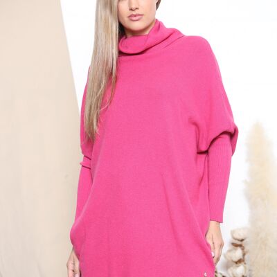 Fuchsia Loose fit ribbed turtleneck batwing jumper