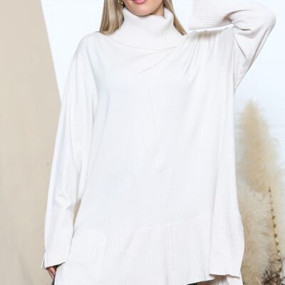 Beige oversized ribbed trim turtle neck