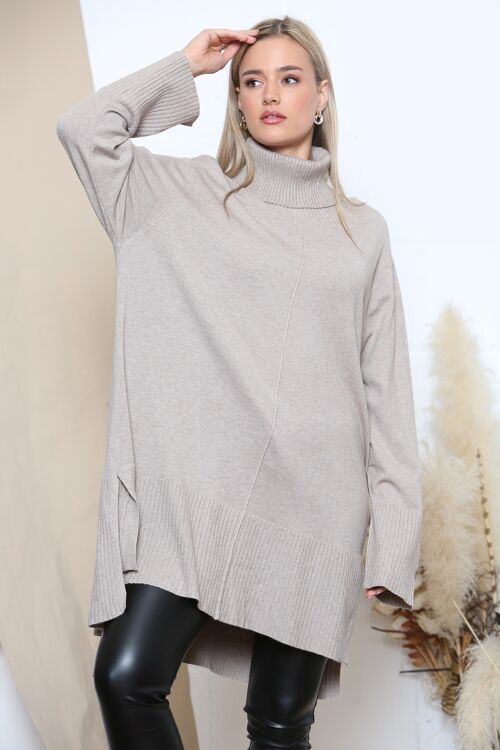 Taupe oversized ribbed trim turtle neck