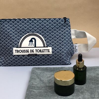 Trousse de toilette velours & imperméable avec anse | Grand format | Velours lavable en machine |Ranger maquillage et produits de salle de bain - Organisateur de valise - Motif bleu égyptien