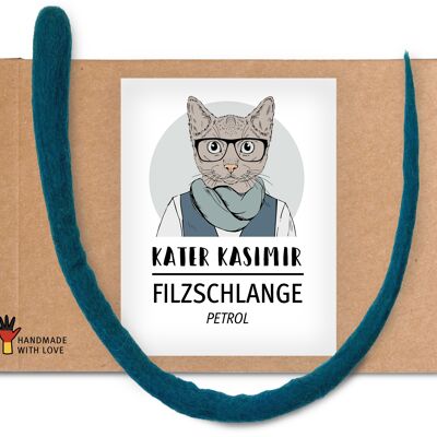 XL Filzschlange (ca. 50 cm, türkis) aus reinem Wollfilz vom Schaf. In Deutschland von Hand und mit Liebe gefertigt. Natürliches und nachhaltiges Katzenspielzeug