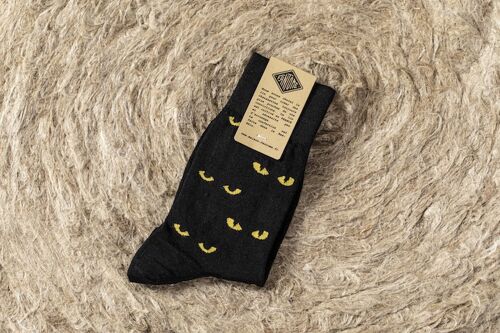 Chaussettes en lin - Motif  "Les yeux du chat" Noir et Soufre