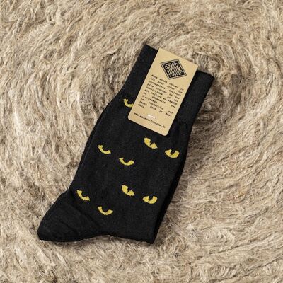 Chaussettes en lin - Motif  "Les yeux du chat" Noir et Soufre