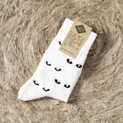 Chaussettes en lin - Motif  "Les yeux du chat" Marine et Émeraude