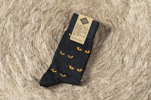 Chaussettes en lin Made in France – Motif “Les yeux du chat” Anthracite et Ambre