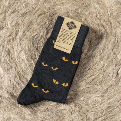 Calcetines de lino Made in France – Estampado “ojos de gato” antracita y ámbar