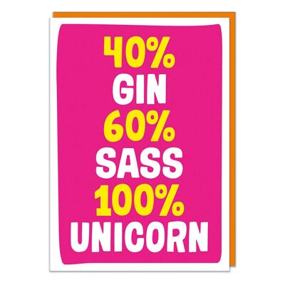 40% Gin 60% Sass 100% Unicornio Tarjeta de cumpleaños divertida