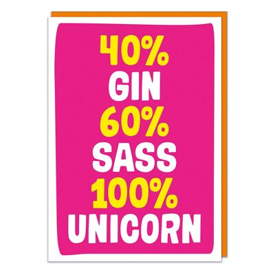 40% Gin 60% Sass 100% Unicorn Funny Birthday Card