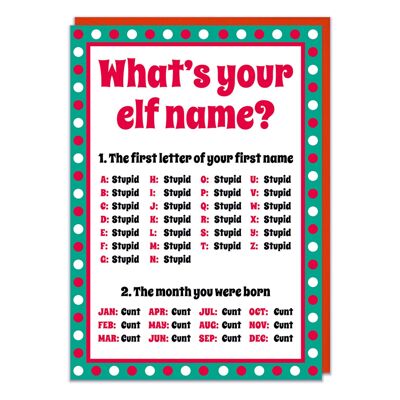 Tarjeta de Navidad grosera con nombre de elfo