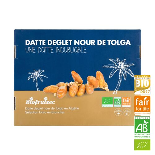 Datte Deglet Nour Bio équitable de Tolga en Algérie Sélection Extra en branches Boite présentoir 5 kg