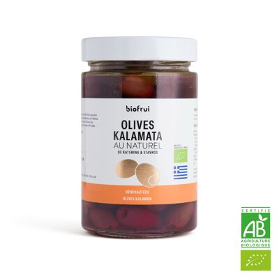 Pitted organic black Kalamon olive from Kalamata in traditional brine Jar 190 g