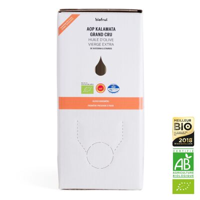 Organic Koronéiki olive oil from Kalamata AOP Extra virgin grand cru Carton 3 L tap bag