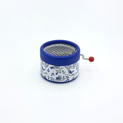 Round manual music box decorated with a singing birds patter Blue